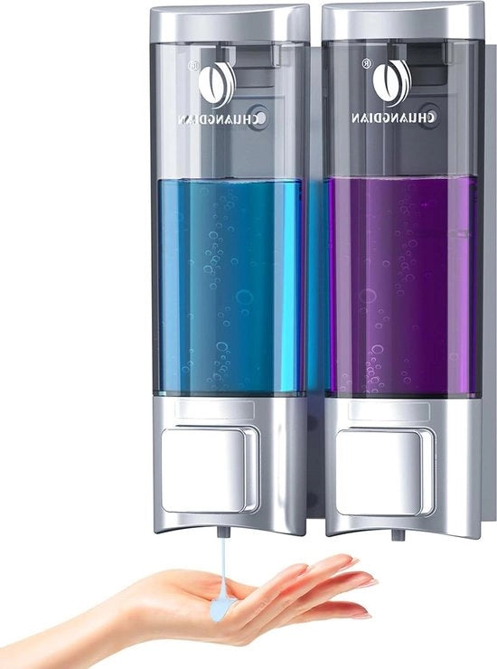 Dispensatore di sapone trasparente per parete - per bagno e cucina - 200 ml doppio contenitore - argento