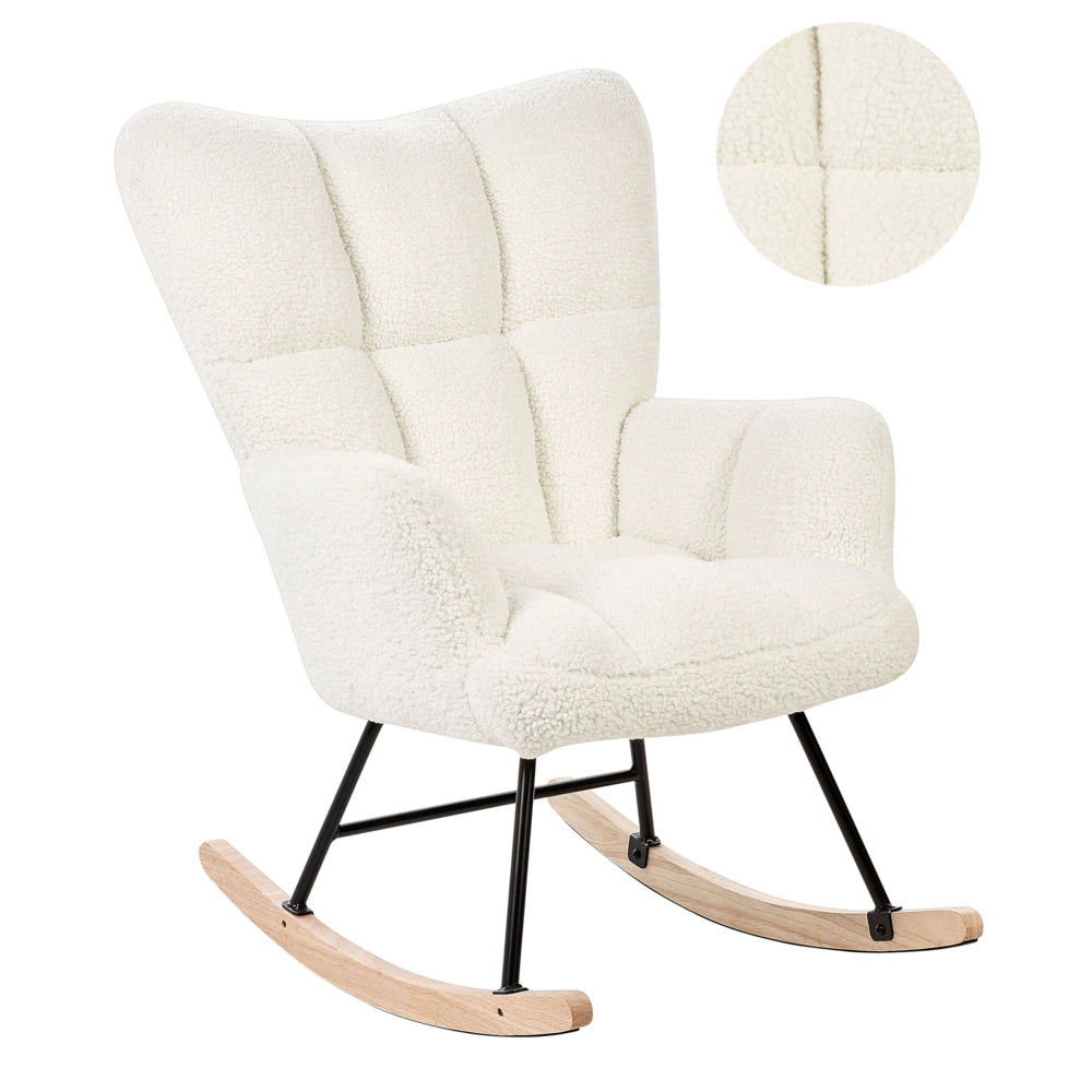 Sedia a dondolo Tessuto Boucle Bianco Rivestimento Gambe in legno  Moderna