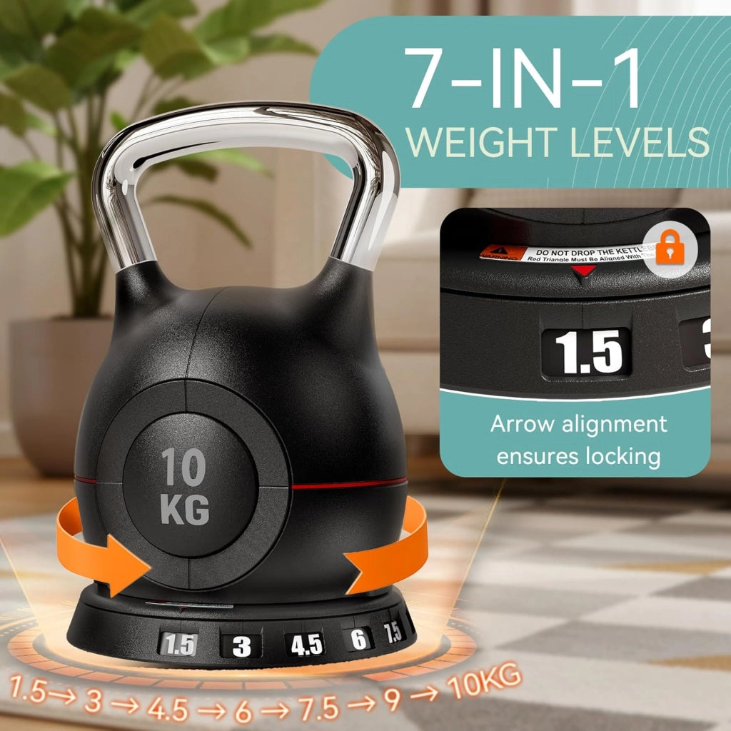 Kettlebell Regolabile 7 in 1, 20 kg Kettlebell con 7 Livelli di Peso, Manubrio per Allenamento a Casa & Fitness, Ideale per Allenamento Completo del Corpo, Compatto & Salvaspazio (Nero, 10kg)