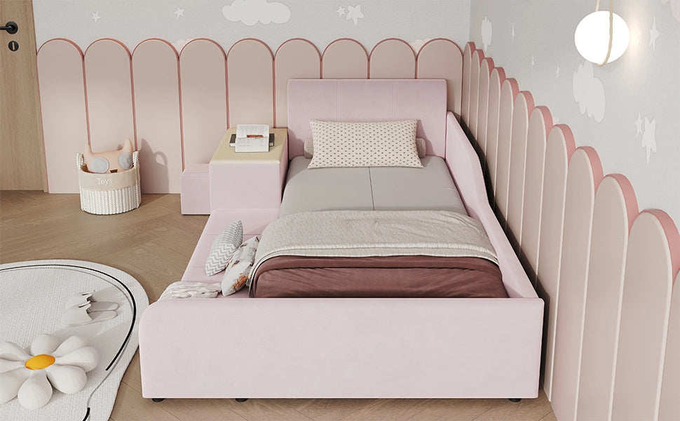 Letto imbottito per bambini con scrivania e sgabello, 90x200 cm, velluto rosa