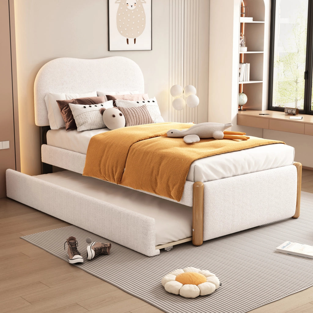 LETTO 90x200 cm con letto estraibile, rivestimento Plush, bianco