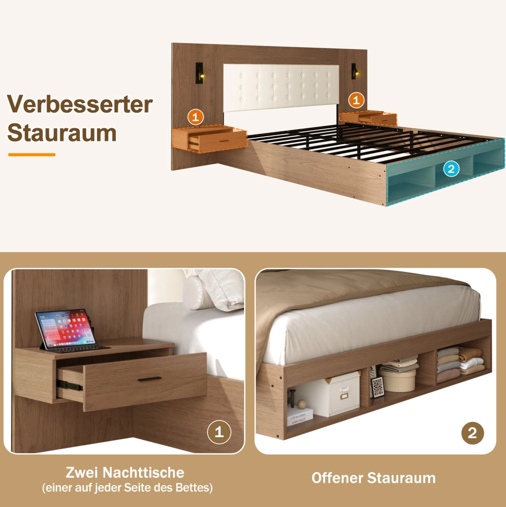 Letto matrimoniale 180x200 cm con contenitore; USB e Type-C; luci di lettura; effetto noce