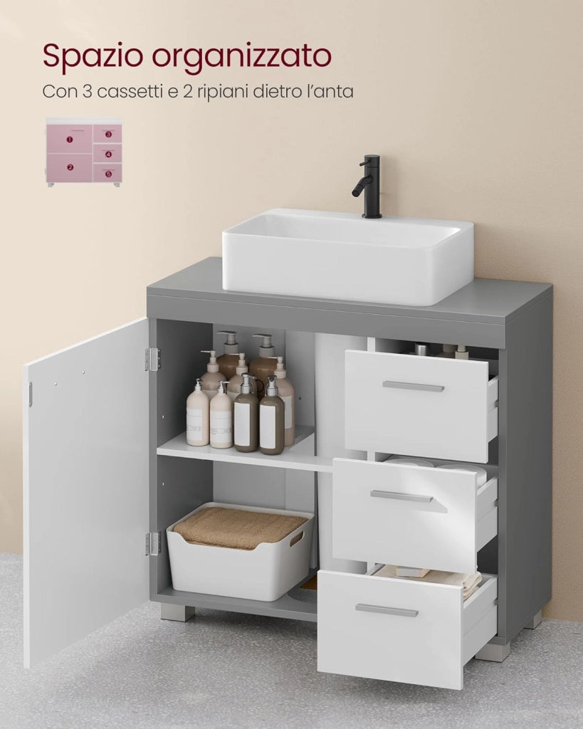 VASAGLE Mobile Sottolavabo per Bagno, Mobiletto da Bagno, 3 Cassetti Laterali, 2 Scomparti dietro l'Anta, per Lavabi con Colonna, con Piedini, 30 x 70 x 64 cm, Bianco Nuvola e Grigio Tortora BBK504W02