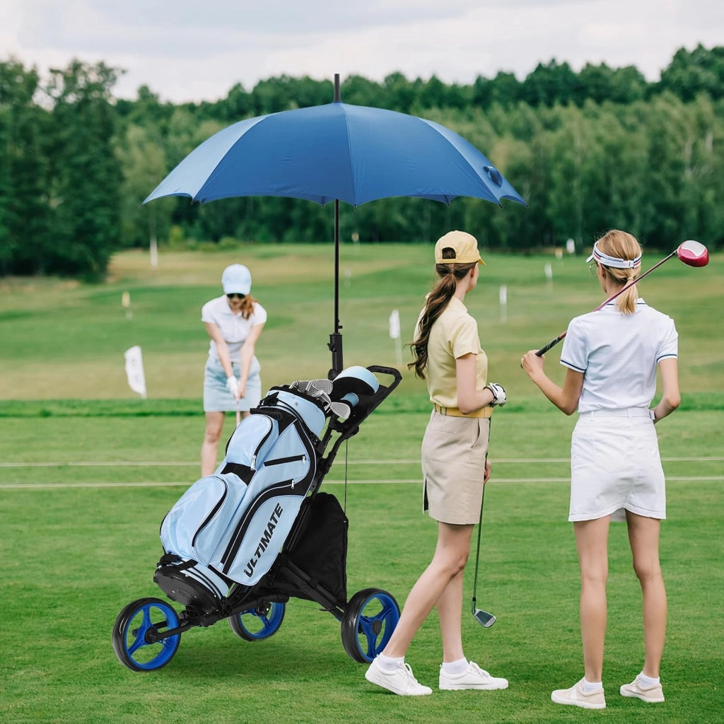 Carrello da Golf Pieghevole con 3 Ruote, Struttura in Alluminio, Cinghia Elastica, Portaombrello Regolabile e Porta Bicchiere, Segnapunti e Freno a Pedale