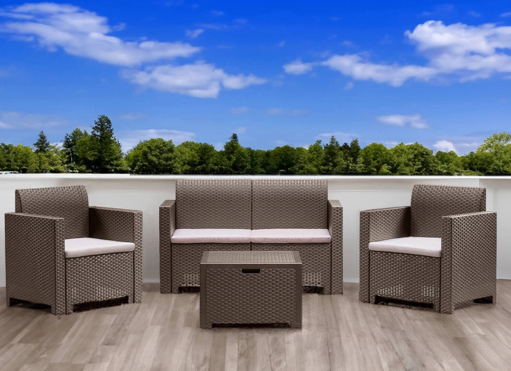 Set salotto da esterno Gazania, Salottino outdoor, Set da balcone o giardino, Composizione soggiorno per esterni, Made in Italy, Tortora