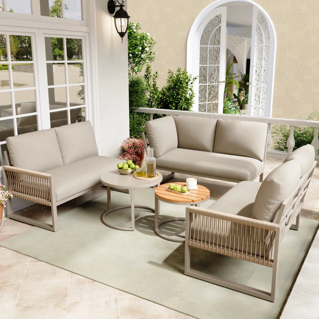 Set giardino 6-7 persone: Divanooo angolare; ferro zincato; piedini regolabili; cuscini inclusi; beige