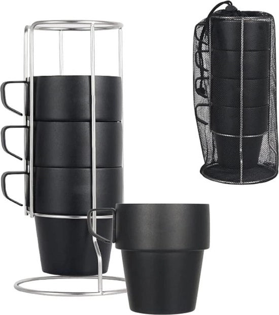 Set di tazze in acciaio inossidabile 304, 4 pezzi, con base regolabile per caffè e tè, isolato a doppia parete, nero, per uso esterno, per campeggio e picnic.