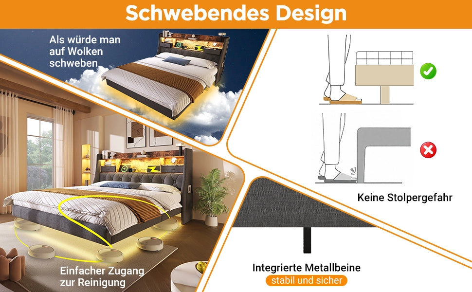 Letto matrimoniale 180x200 cm in lino grigio con LED, testiera contenitore e stazione di ricarica