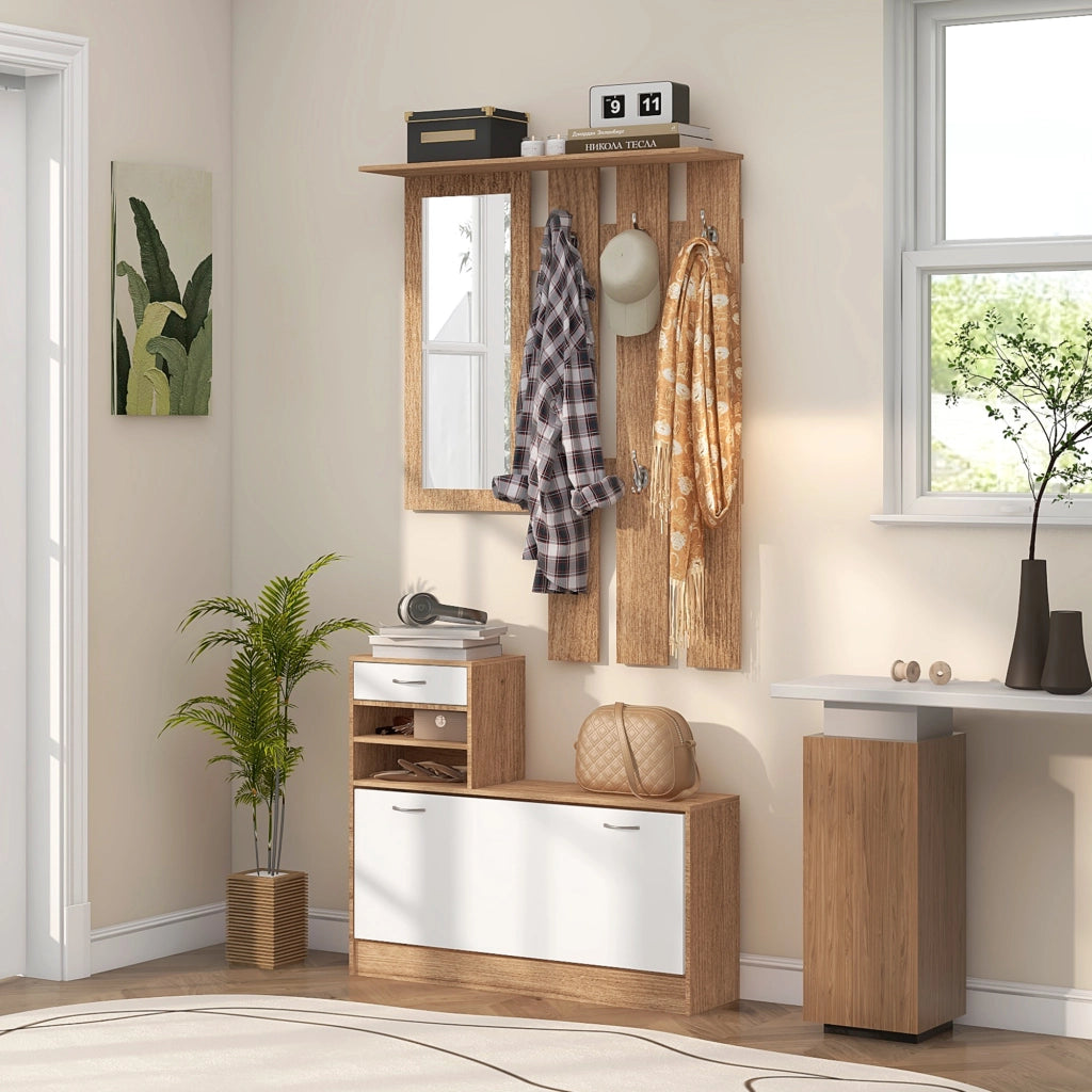 Mobile Appendiabiti 3 in 1 con Scarpiera e Specchio, Ganci e Cassetti, in Legno, 90x24x177 cm, Bianco e Noce