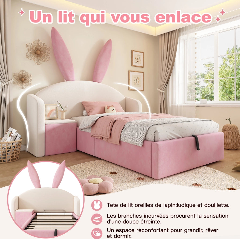 Letto imbottito 90x190 cm in velluto con comodino contenitore; beige e rosa