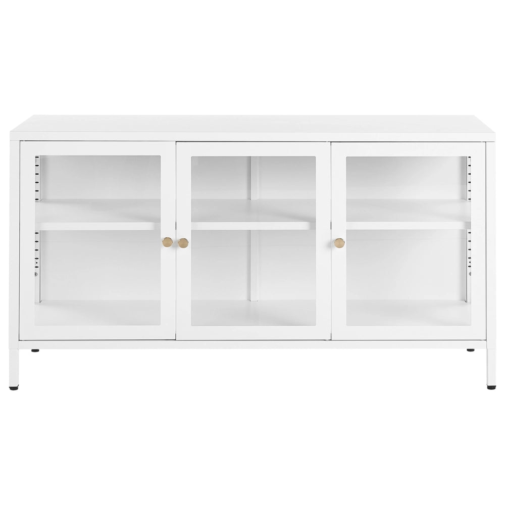 Credenza in metallo bianco 3 ante ripiani in vetro temperato gambe soggiorno moderno