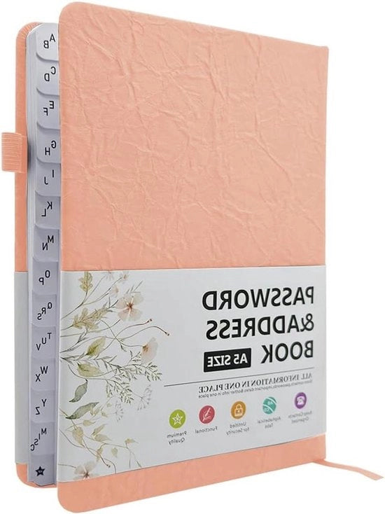 Libretto dei Password con Tabelle Alfabetiche - Agenda degli Indirizzi B6 con Registro A-Z - Quaderno dei Password - Spazio per 480 Password - Gomma per Pennarelli - Diverse Parole Chiave - 13 x 19 cm