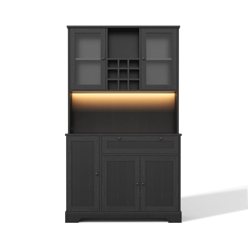 Credenza e madia con 5 ante, 1 cassetto, LED e presa, per cucina e sala da pranzo, in MDF, nero, 180 × 105 × 40 cm