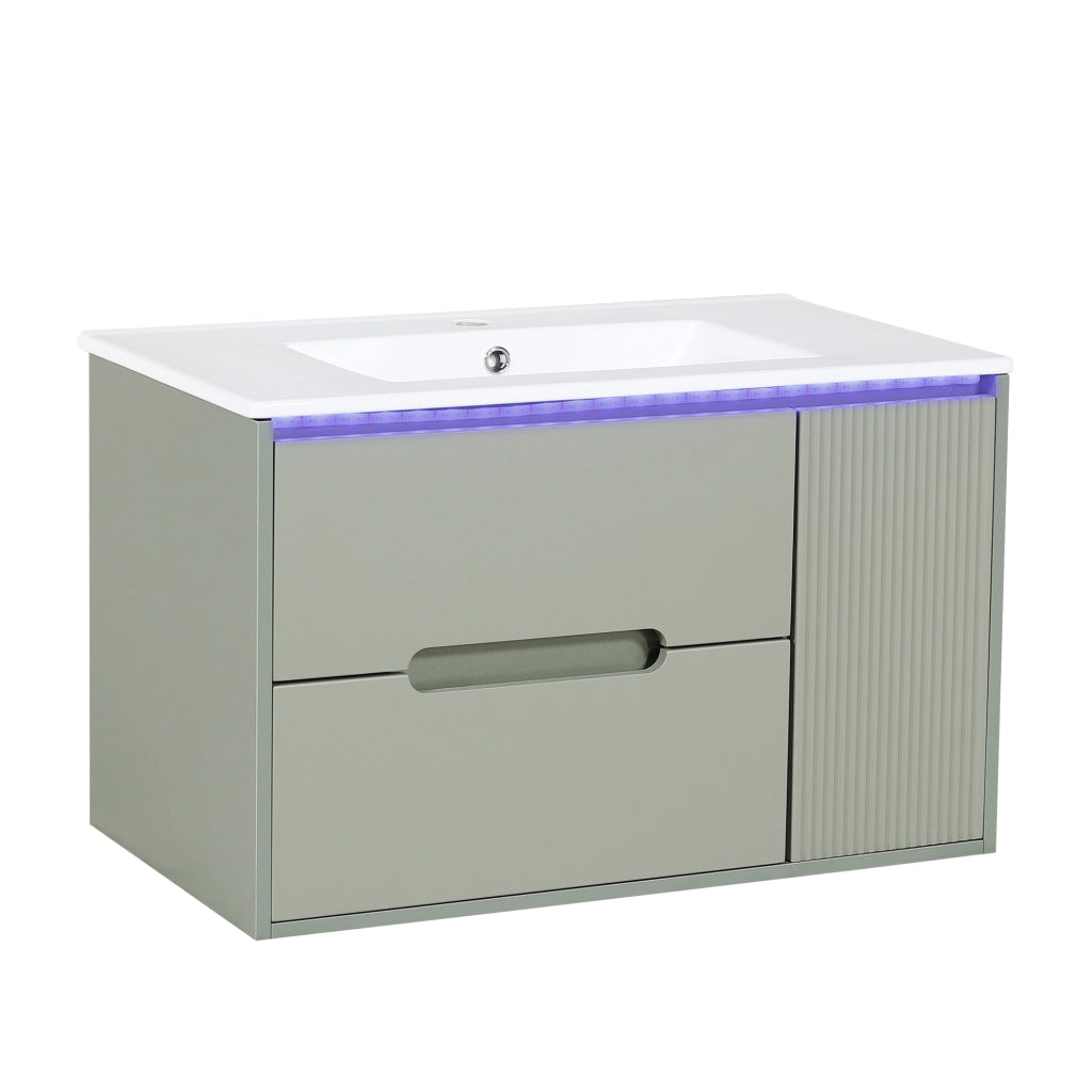 Mobile bagno sospeso 81 cm con lavabo in ceramica, LED e ante verdi