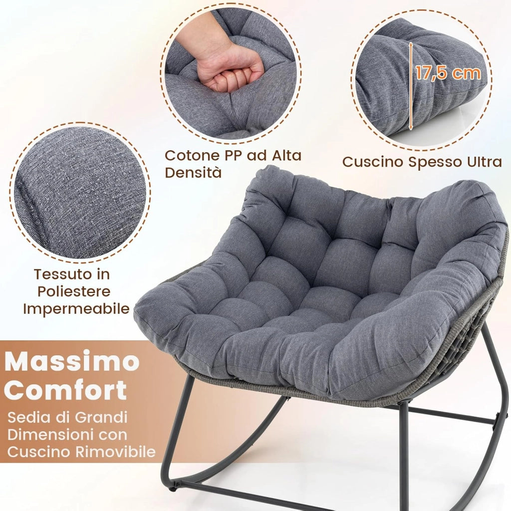 Sedia a Dondolo da Esterno, Poltrona in PE Vimini con Cuscino Rimovibile, Poltrona Relax in Rattan con Struttura in Metallo, per Soggiorno, Balcone, Giardino, Portata 150 kg (Grigio)