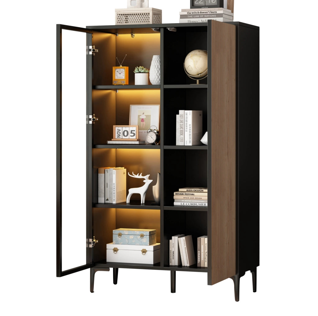 Mobile vetrina alto 90x40x135 cm con LED RGB; 2 ante; MDF nero e naturale