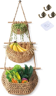 Fruitiera appesa, 3 strati sopra la porta, fruitiera appesa, corda di juta per cucina, soggiorno, bagno