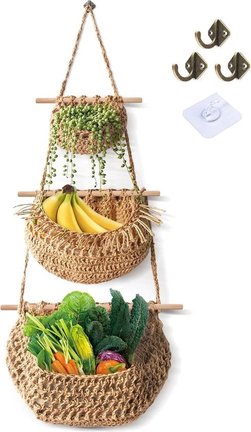Fruitiera appesa, 3 strati sopra la porta, fruitiera appesa, corda di juta per cucina, soggiorno, bagno