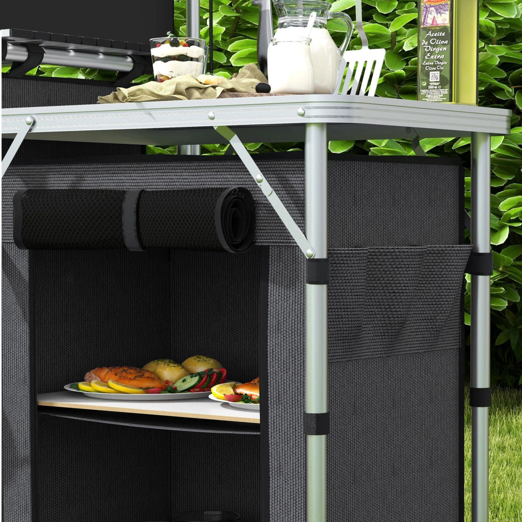 Cucina da Campeggio Pieghevole 172x48x119 cm con Ripiani e Ganci Nero