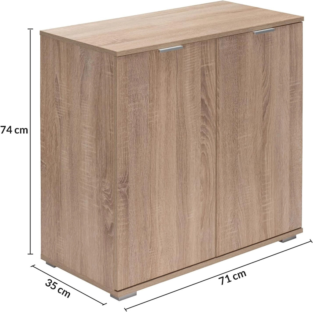 ® Cassettiera Alba 2 Ante con Ripiani 71x74x35cm Comò Armadietto Ufficio Mobiletto Rovere