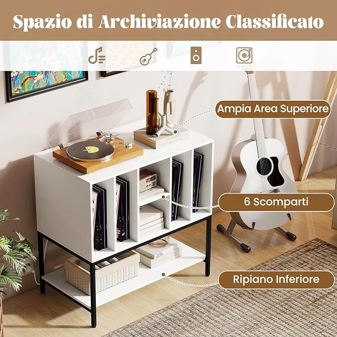 Supporto per Giradischi con Stazione di Ricarica, Credenza per Giradischi con Spazio per Album, Tavolino Porta-Vinili con Scaffali per CD per Soggiorno e Sala Musica (Bianco)
