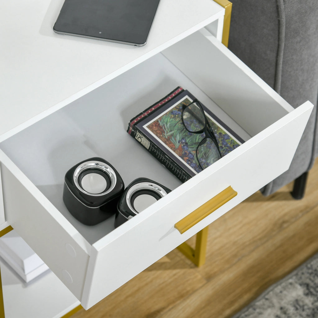 Set 2 Comodini Moderni con Cassetto e Ripiano Aperto in MDF e Acciaio, 45x40x60cm, Bianco e Oro
