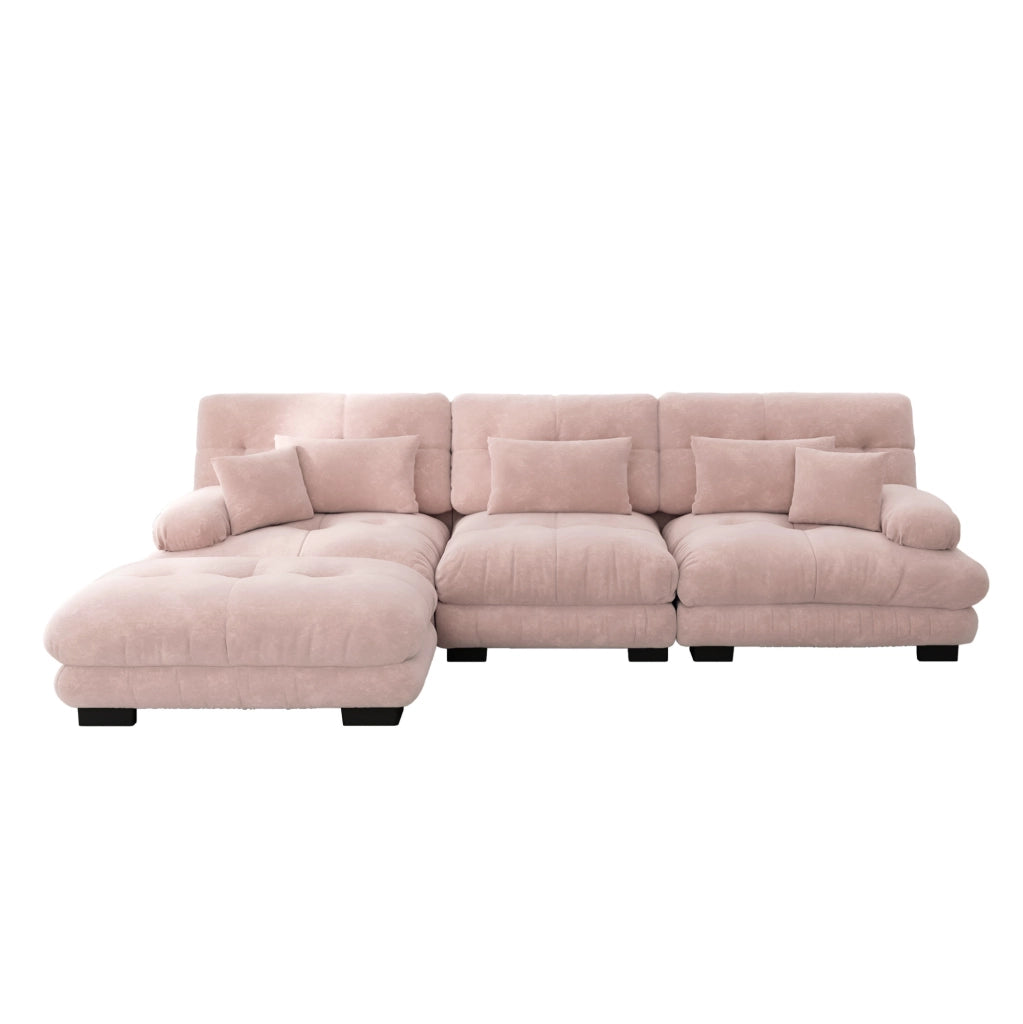 Divano modulare con pouf mobili in ciniglia rosa