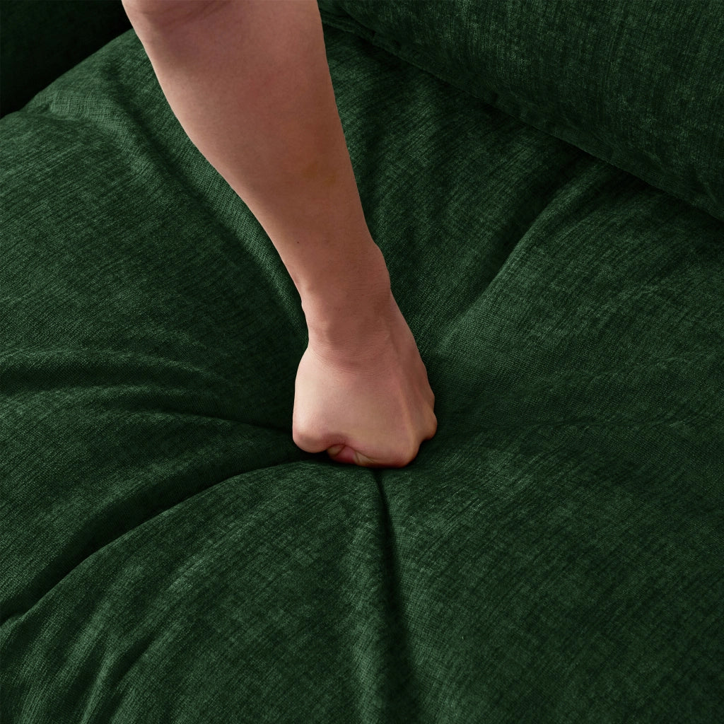 Divano angolare 3 posti con pouf mobile e cuscini sfoderabili, schienale confortevole in ciniglia verde