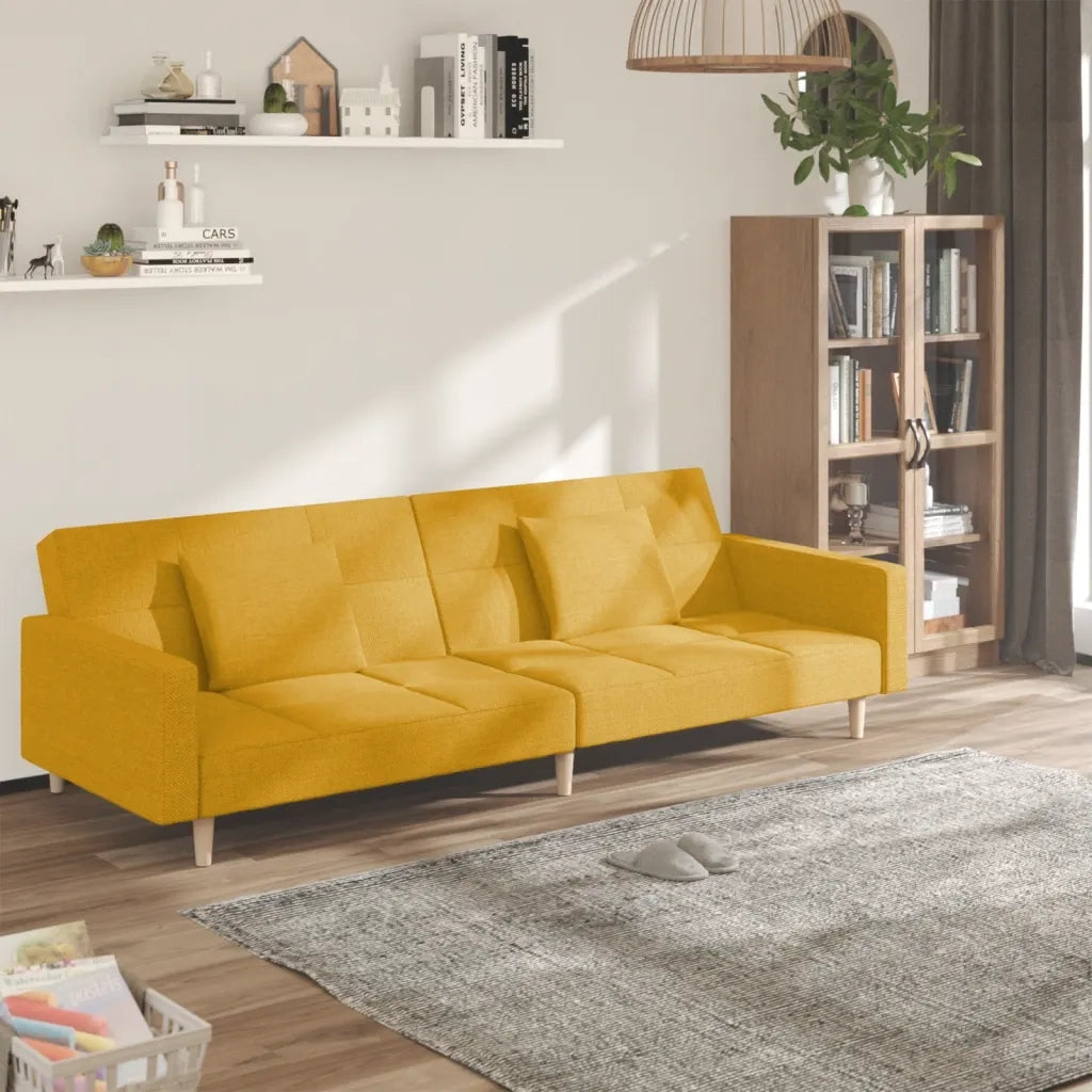 Divano Letto a 2 Posti con 2 Cuscini Giallo in Tessuto 375804