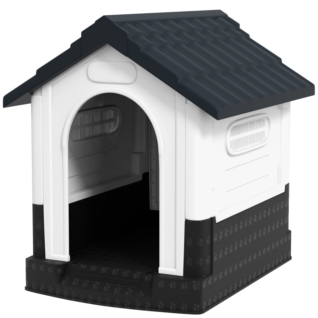 Casetta per Cani Mini Esterna Plastica Base Elevata Tetto Inclinato 3 Finestre ¨C zephmum ¨C 64.5x57x66 cm Grigio Scuro