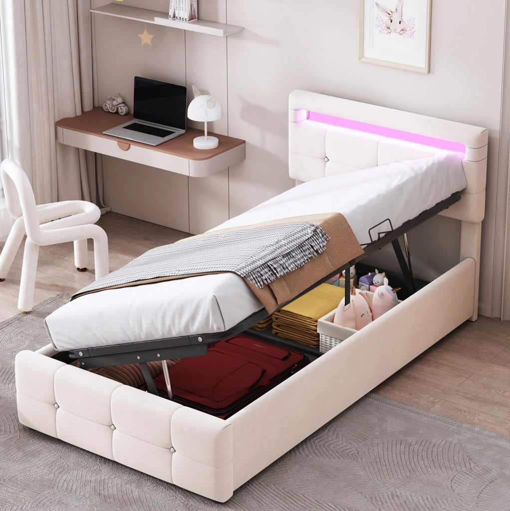 Letto singolo imbottito 90x200 cm con LED e vano contenitore idraulico; velluto beige