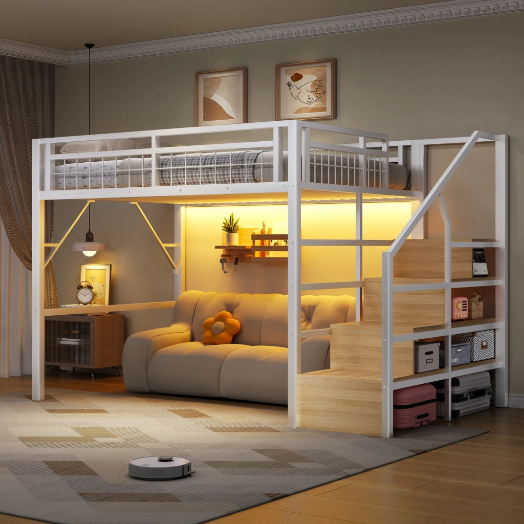 DESMIU Letto a soppalco 2 posti con scala contenitore e LED regolabile 140 × 200 cm, senza materasso, bianco