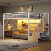 DESMIU Letto a soppalco 2 posti con scala contenitore e LED regolabile 140 × 200 cm, senza materasso, bianco