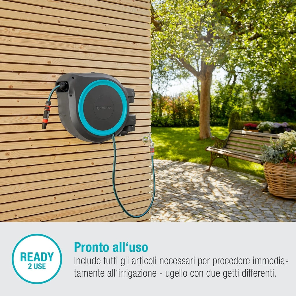 Avvolgitubo da Parete RollUp XL: incluso Tubo da Giardino da 35 m con Lancia e Raccordi, Avvolgimento Automatico, Ruotabile di 180 gradi, per Giardini di Grandi Dimensioni, Azzurro (18630-20)