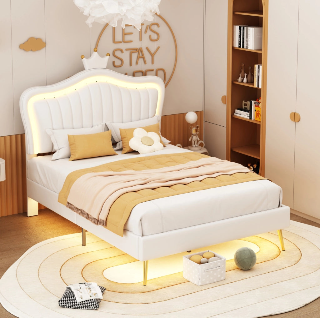 Letto per bambini imbottito 90x200 cm bianco con testiera a conchiglia e LED