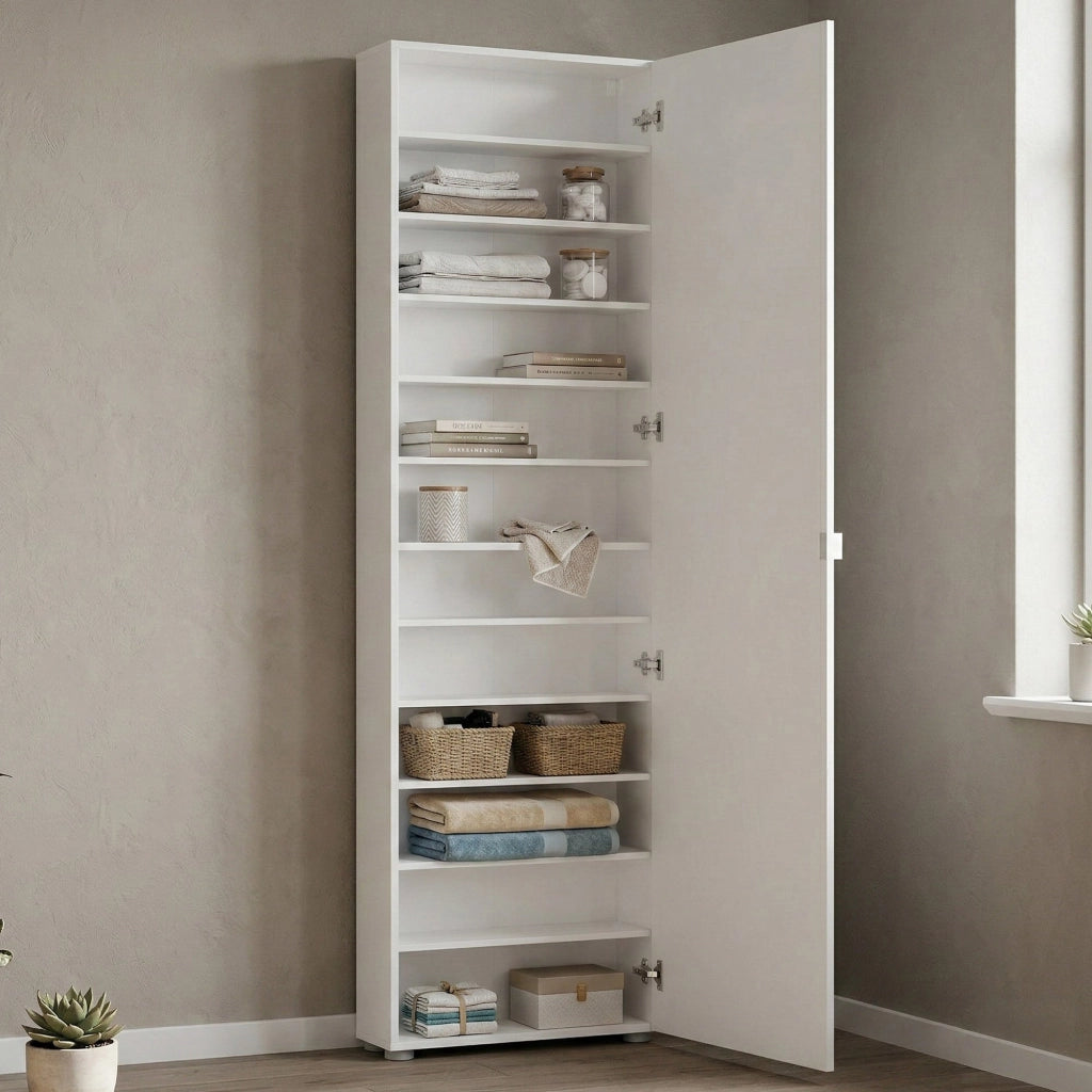 Ippolita, Armadio Multiuso 1 Anta 11 Ripiani Made in Italy, 60x200h cm Bianco Lucido