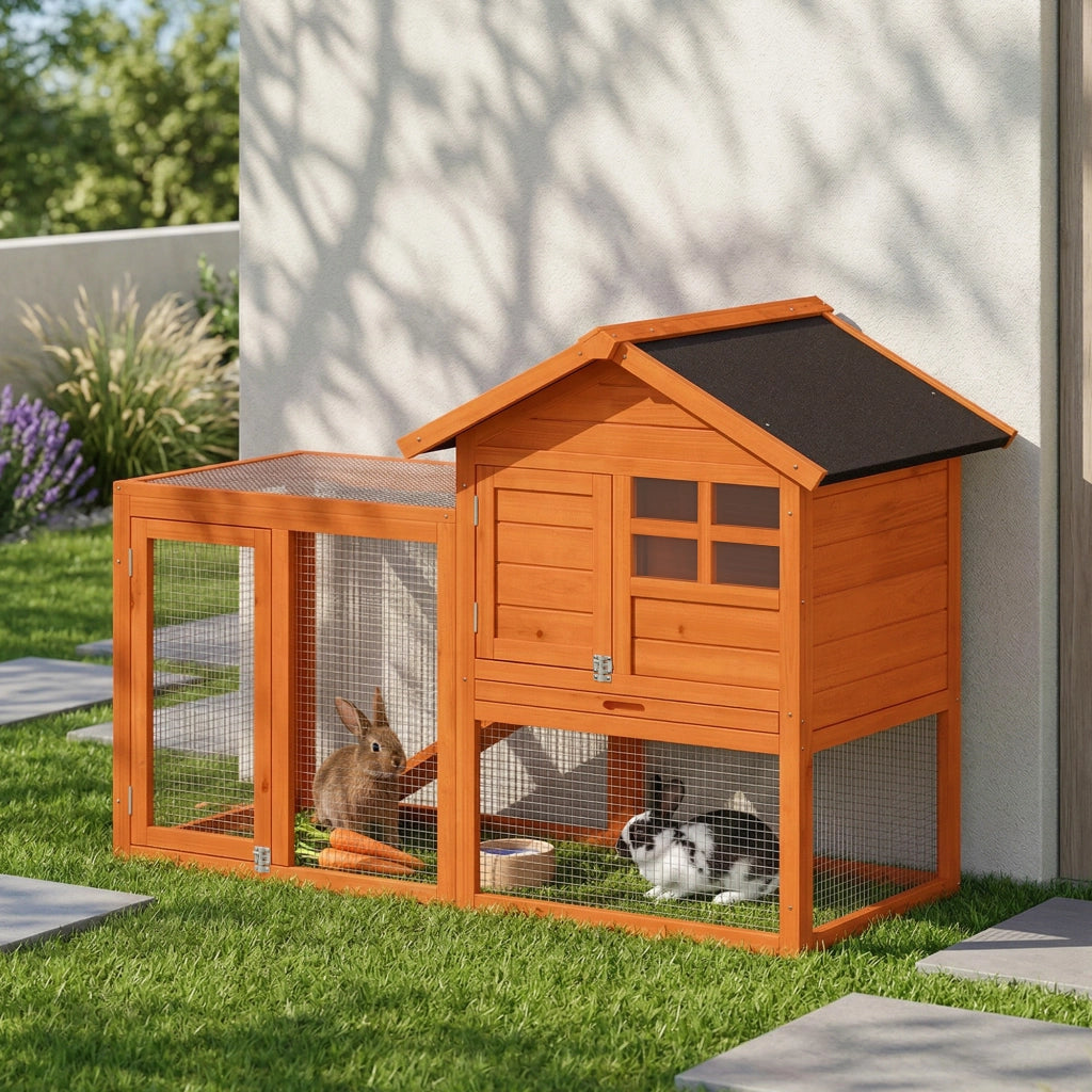 Gabbia per conigli 2 piani con recinto e tetto impermeabile ¨C zephmum ¨C 123.5x62.6x92.5 cm arancione