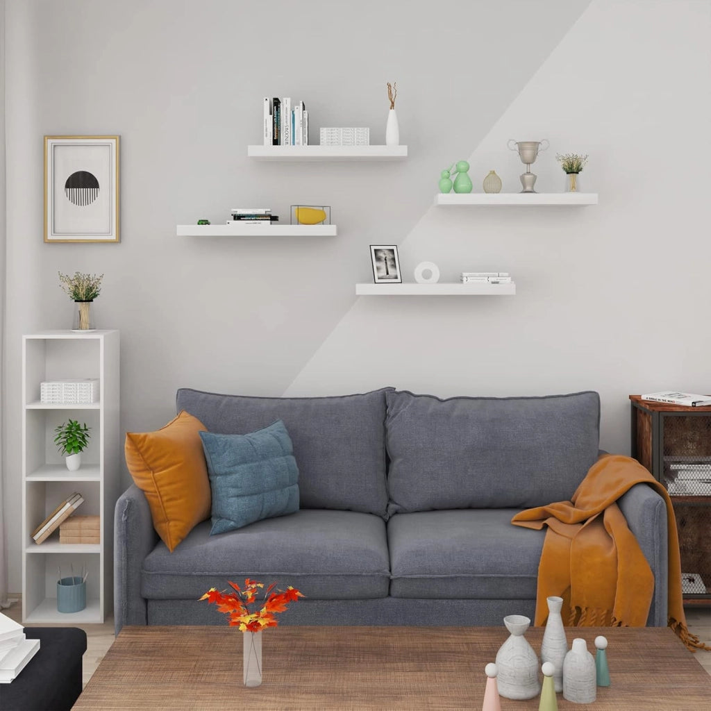 Mensola da Muro, Set di 4, Scaffale Sospeso da Parete Libreria Piccola per Soggiorno Cameretta Porta CD DVD, Pannello MDF 30x22,9x3,8cm, Bianco, RG9489ws-4