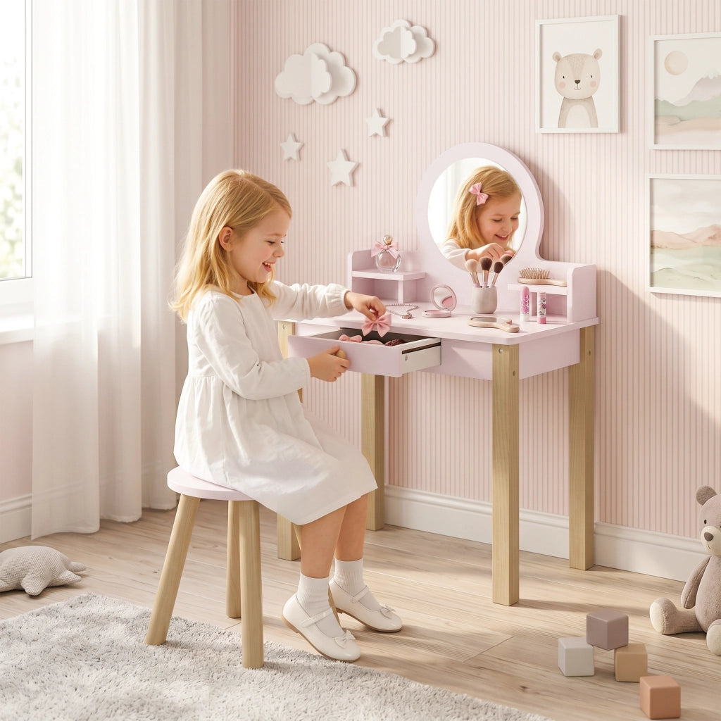 Set Toeletta Trucco Bambina con Sgabello, Specchio e Cassetto in Legno, Et¨¤ 3-6 Anni, Rosa