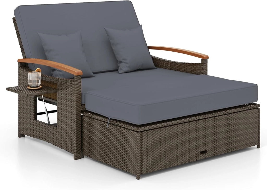 Divano da Giardino in Rattan a 2 Posti con Funzione Allungata, Set di Mobili in Rattan con Sgabello, Doppia Sedia a Sdraio per 2 Persone, 3 Colori (Cuscino Grigio)