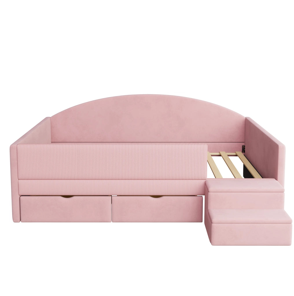 Letto imbottito 90x190 cm con 2 cassetti, sponde di protezione e scaletta rosa