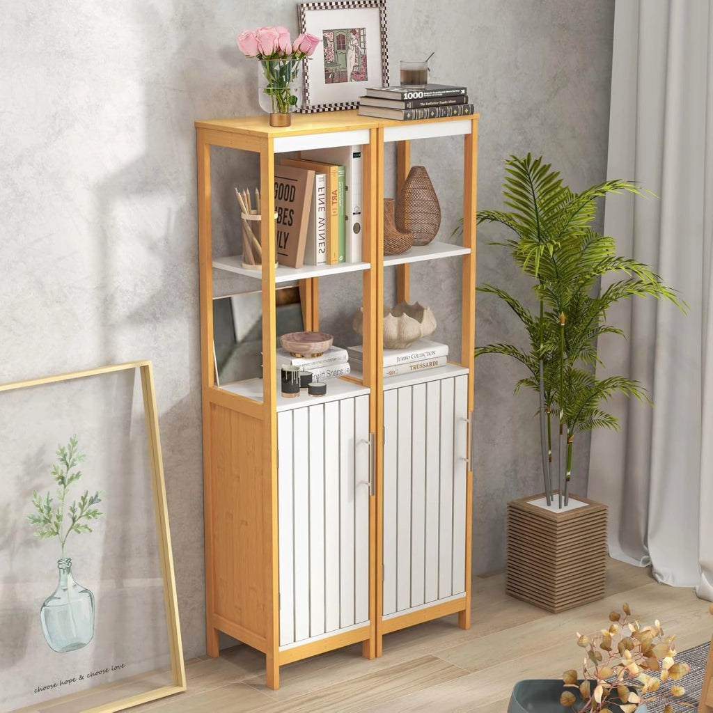 Armadio da bagno in bambù, mobile indipendente con porta, scaffale regolabile e ripiani aperti, torre della biancheria sottile e stretta, per bagno, ripostiglio, cucina