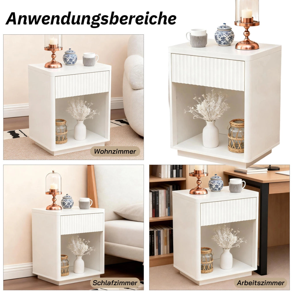 Comodino bianco in MDF con cassetto e ripiano aperto