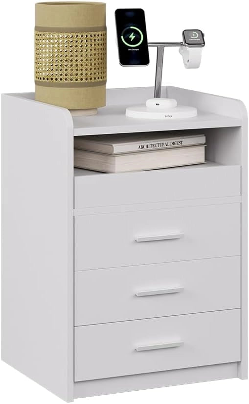 Comodino Edis, Bianco, 45 x 64 cm con 3 cassetti