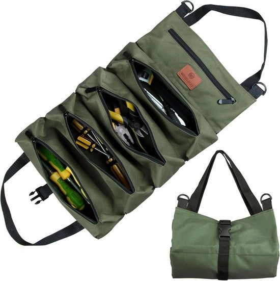 Tas per strumenti per chiavi - con 5 tas velcro - 1 pezzo - Raccoglitore multifunzionale a rotella - Ideale per idraulici - Tas per strumenti per l'auto - Raccoglitore multifunzionale, organizzatore portatile per attrezzatura da esterno - 47x28x3 cm