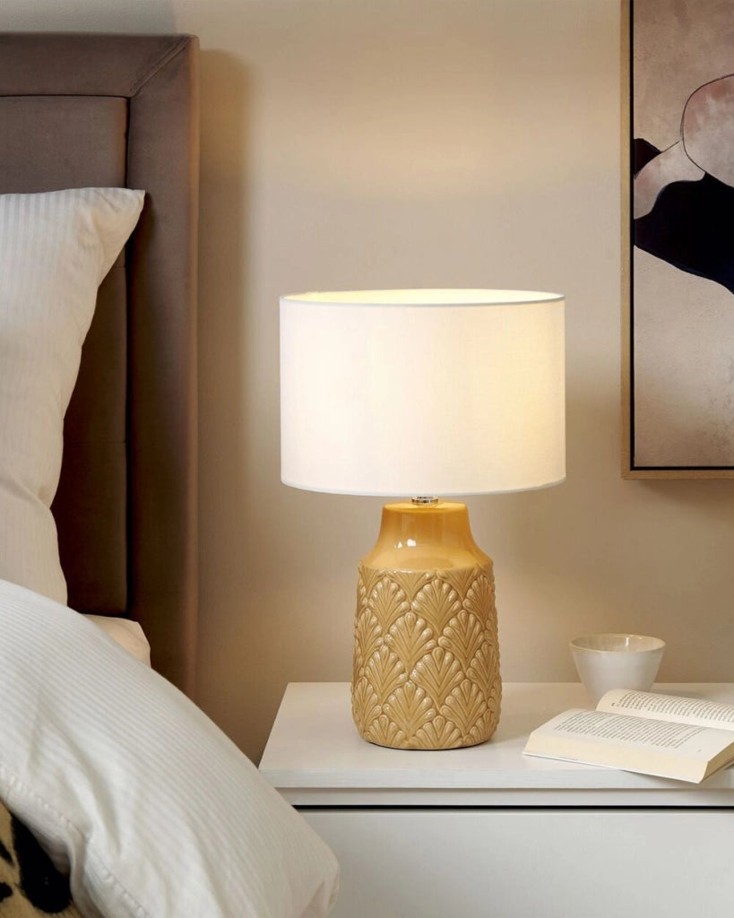 Lampada da tavolo in ceramica lino arancio giallo 43 cm base lucida paralume in tessuto scrivania moderna
