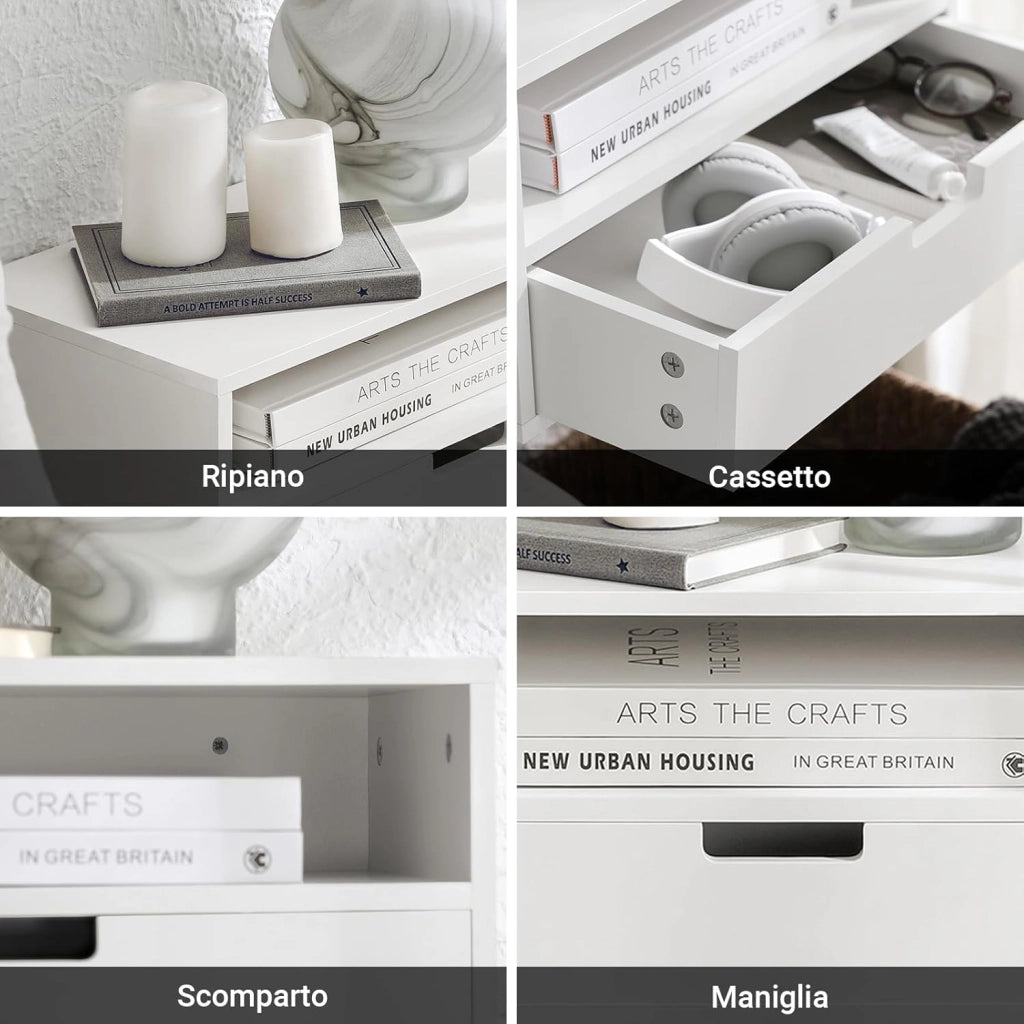 Set di 2 Comodino Sospeso - Mensola da Parete Salvaspazio con Cassetto e Ripiano Aperto, Tavolino da Letto per Camera da Letto, L45 x P25 x A22 cm, Bianco, NKD03-Wx2