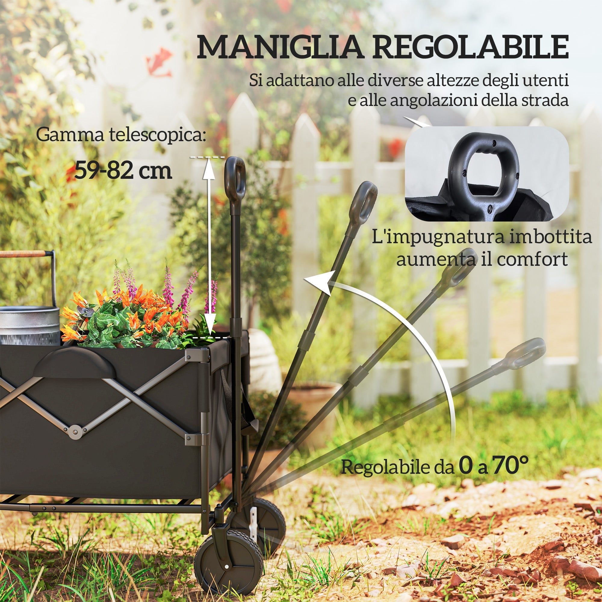Carrello da Giardino 160L 95x55x102 cm Capacità 100 kg Pieghevole Nero