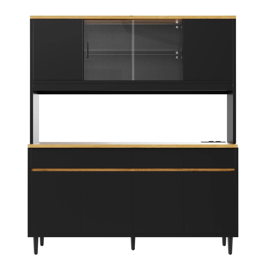 Credenza e madia con LED app, porte in vetro e prese USB, per soggiorno e cucina, in truciolare, nero, 160 × 40 × 185 cm