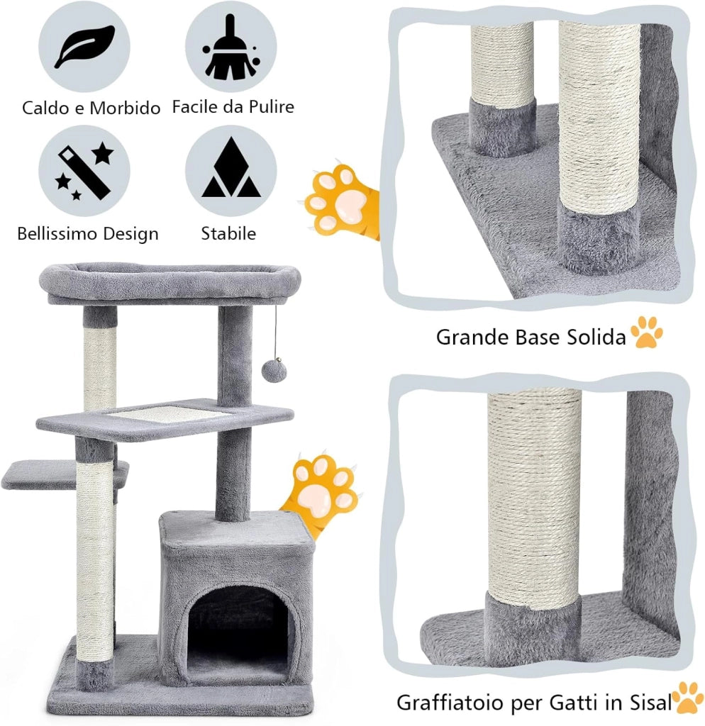 Albero per Gatti a 4 Piani, Torre per Gatti con Tiragraffi, Nicchia, Pallina di Peluche con Sonagli, Piattaforma per Saltare, Albero Tiragraffi Gattini (Grigio)
